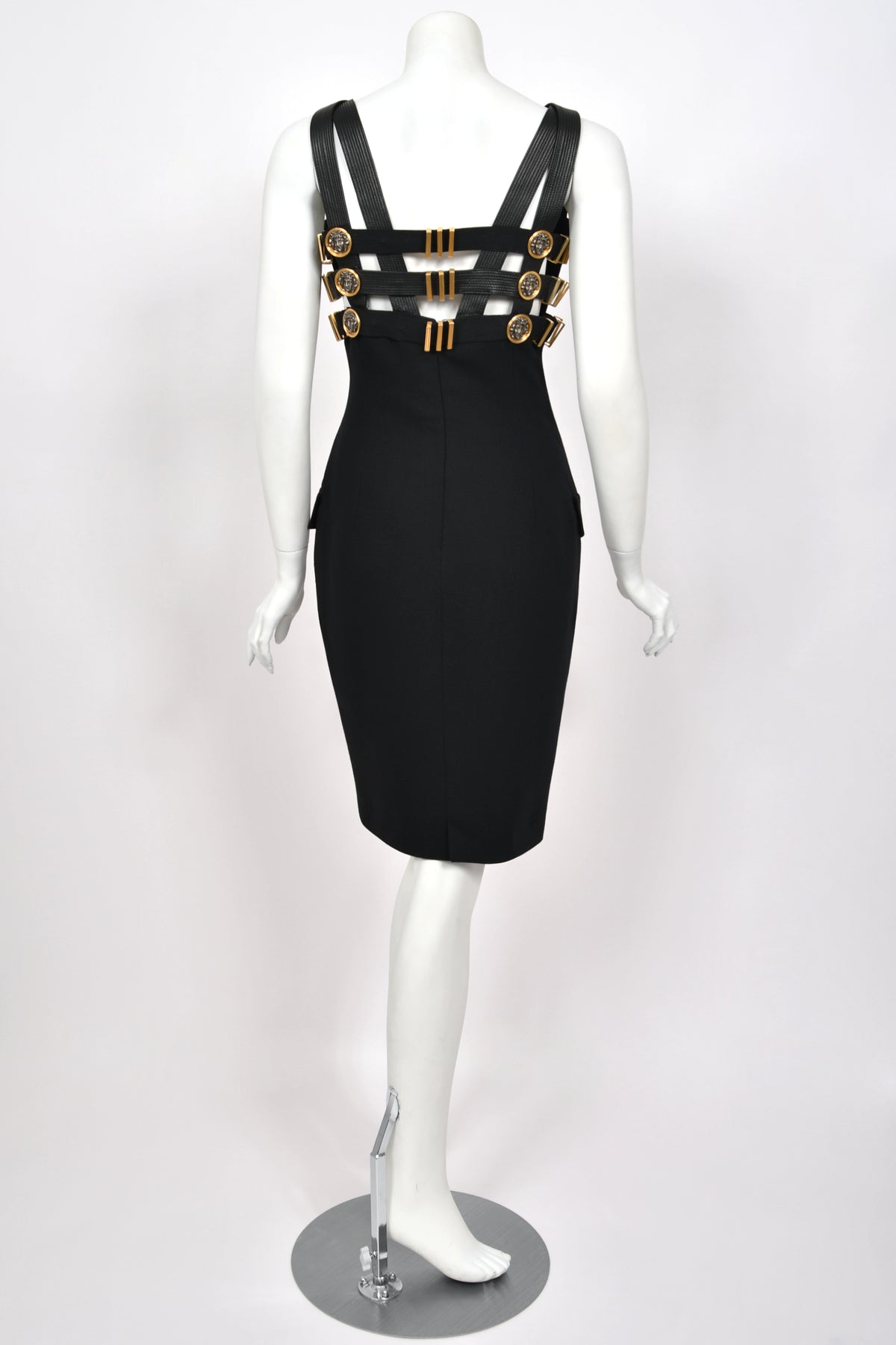 1992 Gianni Versace 'Miss S&M' Runway Collection Black Leather Bondage Wool Dress