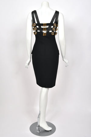 1992 Gianni Versace 'Miss S&M' Runway Collection Black Leather Bondage Wool Dress