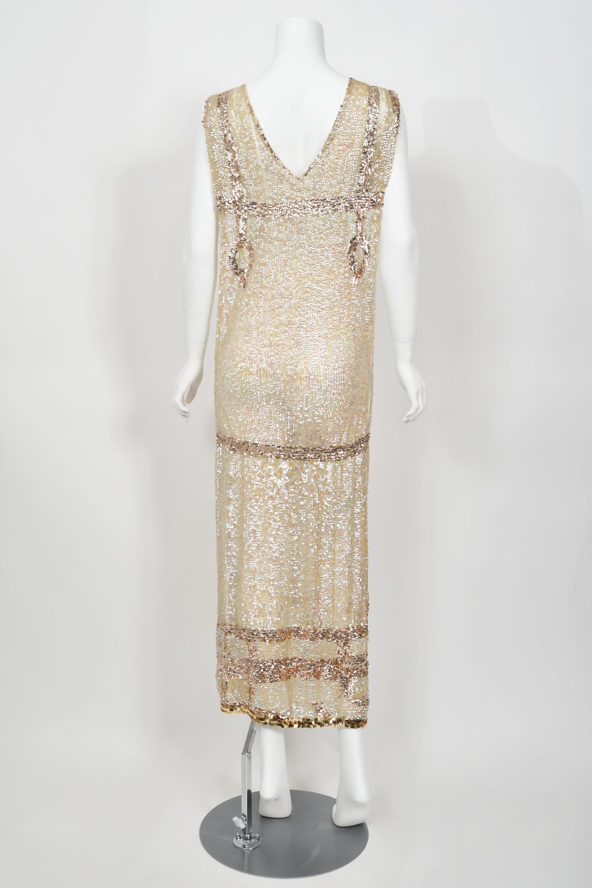 1920&#39;s Iridescent Ivory &amp; Gold Beaded Sequin Sheer-Net Tabard Flapper Dress