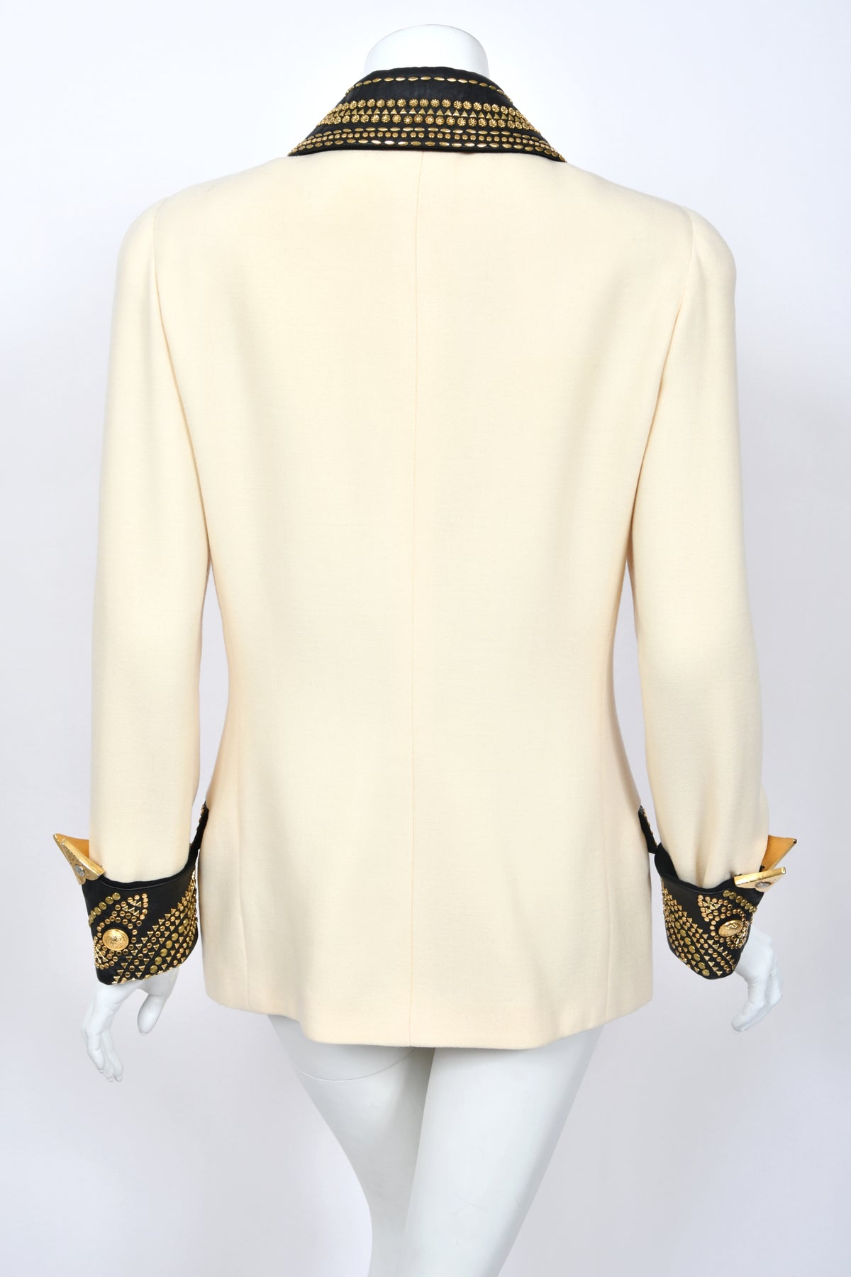 1992 Gianni Versace 'Miss S & M' Runway Collection Ivory Wool Studded Leather Editorial Jacket