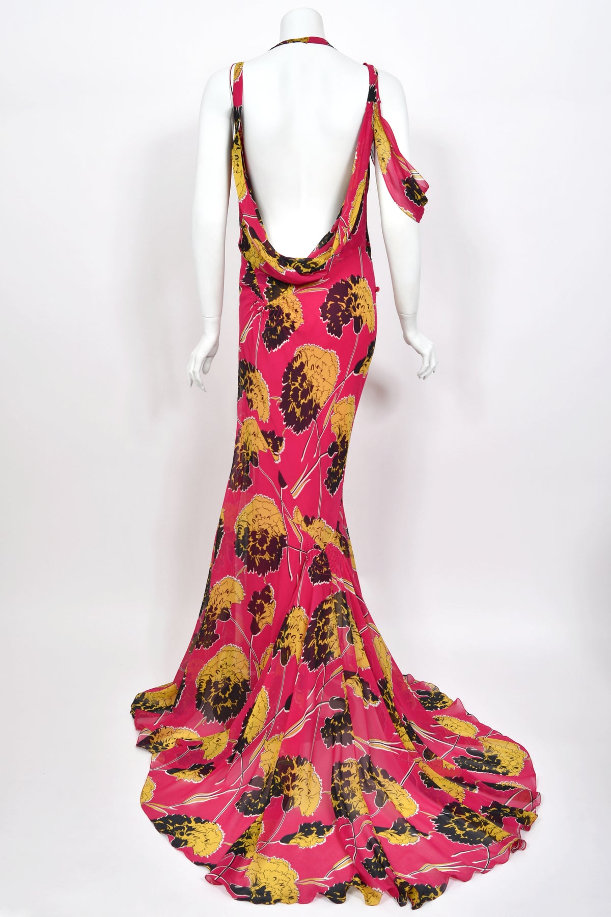 2005 John Galliano 'Renee Collection' Shocking Pink Large Scale Floral Silk Bias-Cut Trained Gown