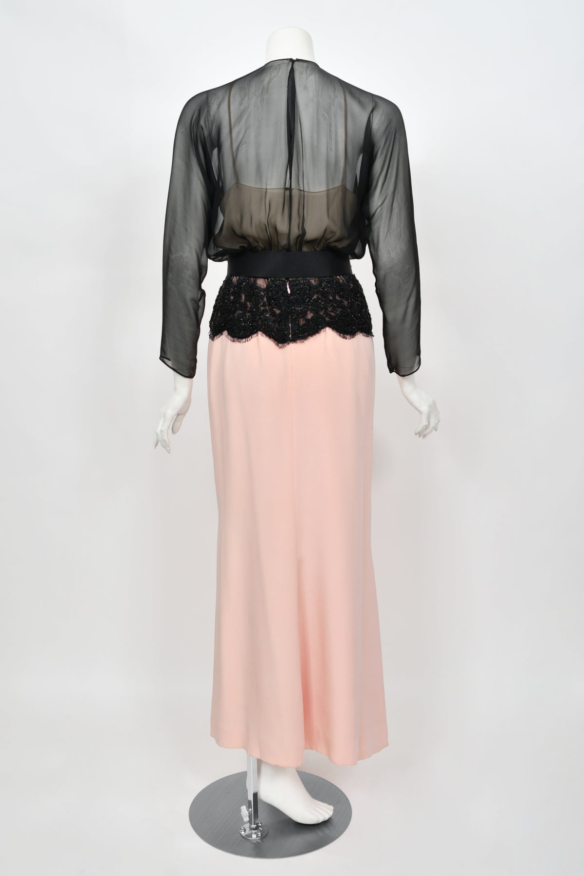 1986 Oscar de la Renta Documented Runway Black Sheer Chiffon &amp; Pink Silk Gown