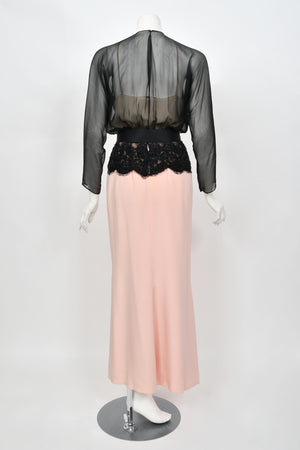 1986 Oscar de la Renta Documented Runway Black Sheer Chiffon & Pink Silk Gown