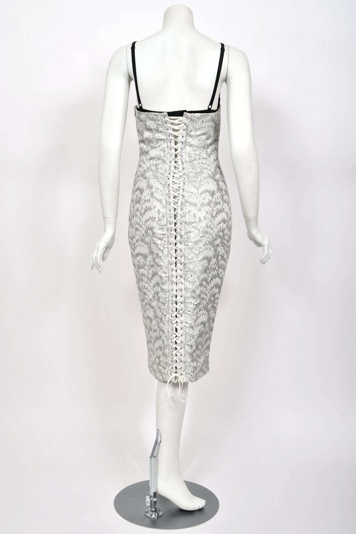 2003 Dolce &amp; Gabbana Metallic Silver Brocade Built-In Bra Hourglass Corset Dress