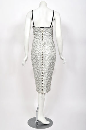2003 Dolce & Gabbana Metallic Silver Brocade Built-In Bra Hourglass Corset Dress