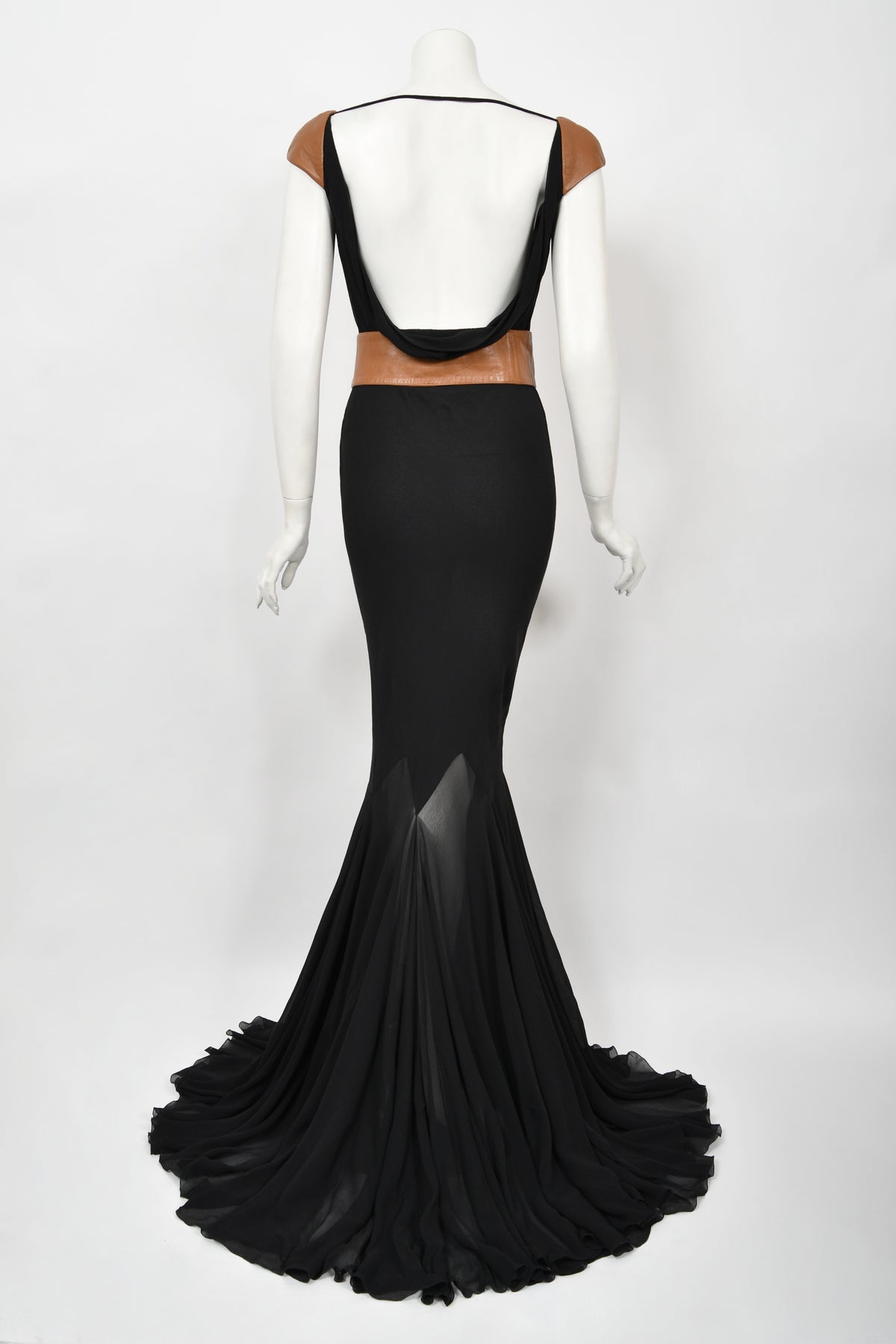 2001 Versace Couture Documented Runway Black Sheer Silk &amp; Leather Bias-Cut Gown