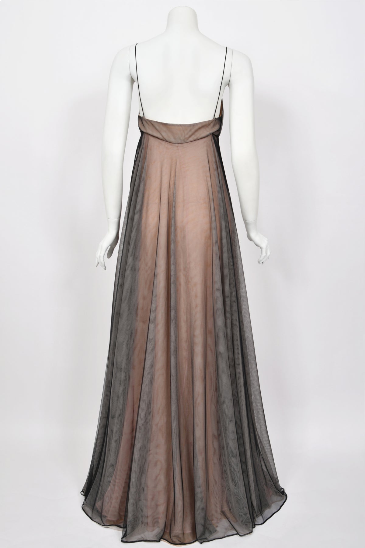 1998 Tom Ford for Gucci Runway Black Nude Illusion Layered Tulle Gown