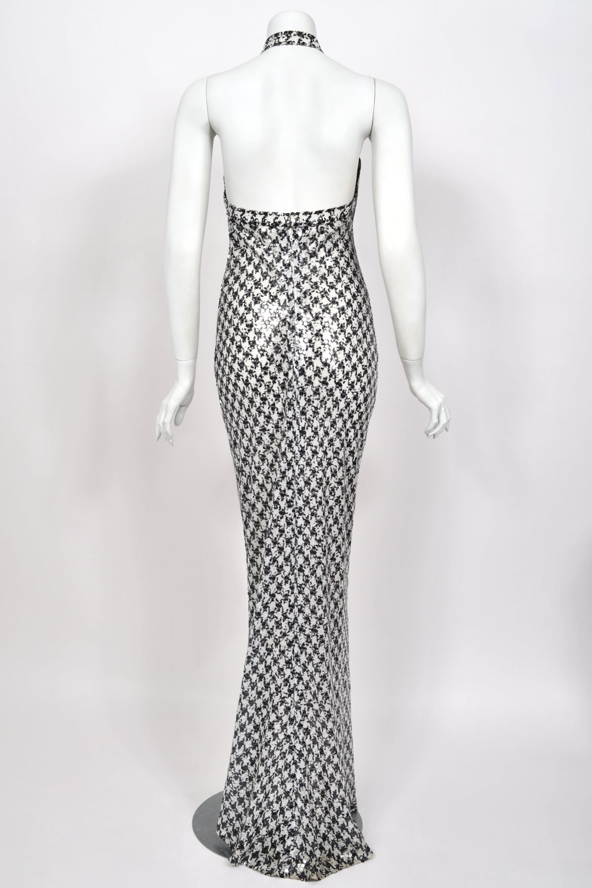 1984 Chanel by Karl Lagerfeld Black & White Sequin Houndstooth Silk Bias-Cut Halter Gown