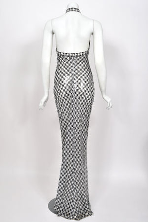 1984 Chanel by Karl Lagerfeld Black & White Sequin Houndstooth Silk Bias-Cut Halter Gown