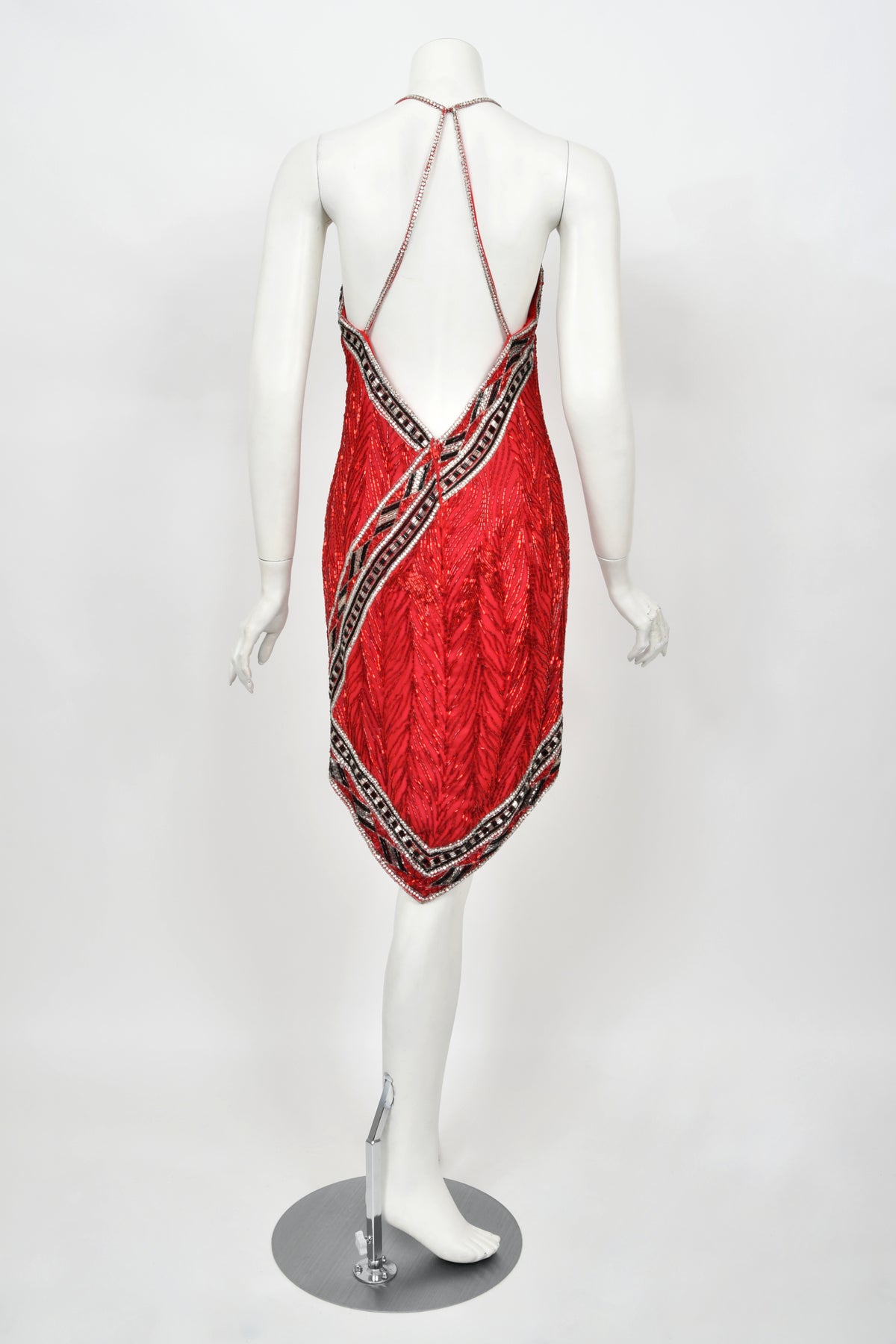 1984 Bob Mackie Documented Fully Beaded Red Silk High Low Micro-Mini Dress