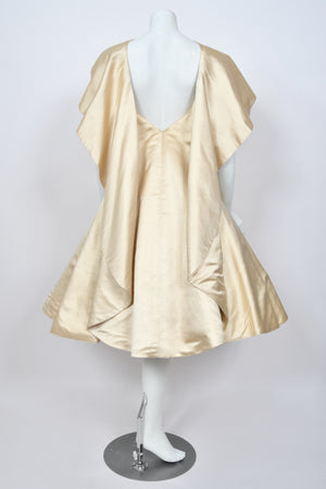 1950's Don Loper Couture Ivory Silk Satin Strapless Full-Skirted Dress w/ Detachable Cape
