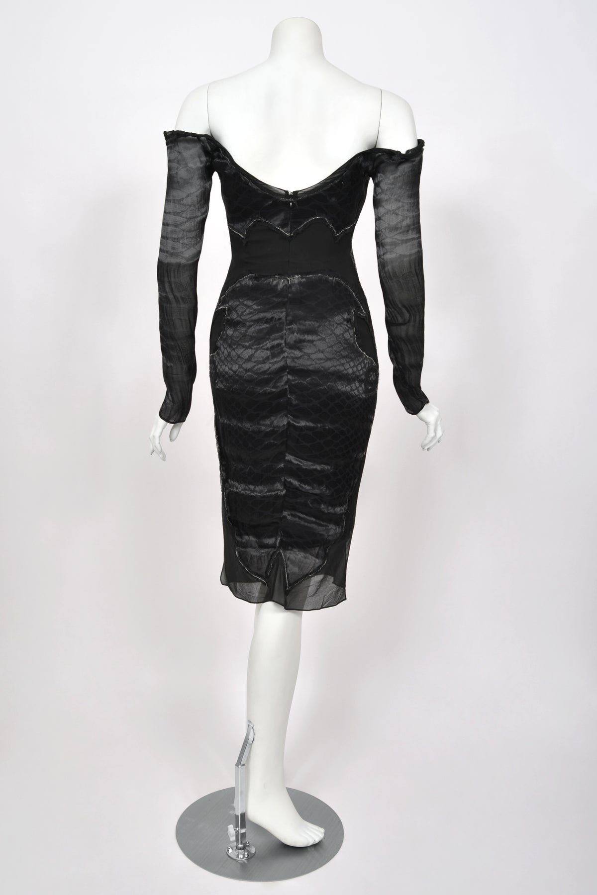 2004 Tom Ford for Yves Saint Laurent Runway Sheer Black Boned Off-Shoulder Hourglass Dress