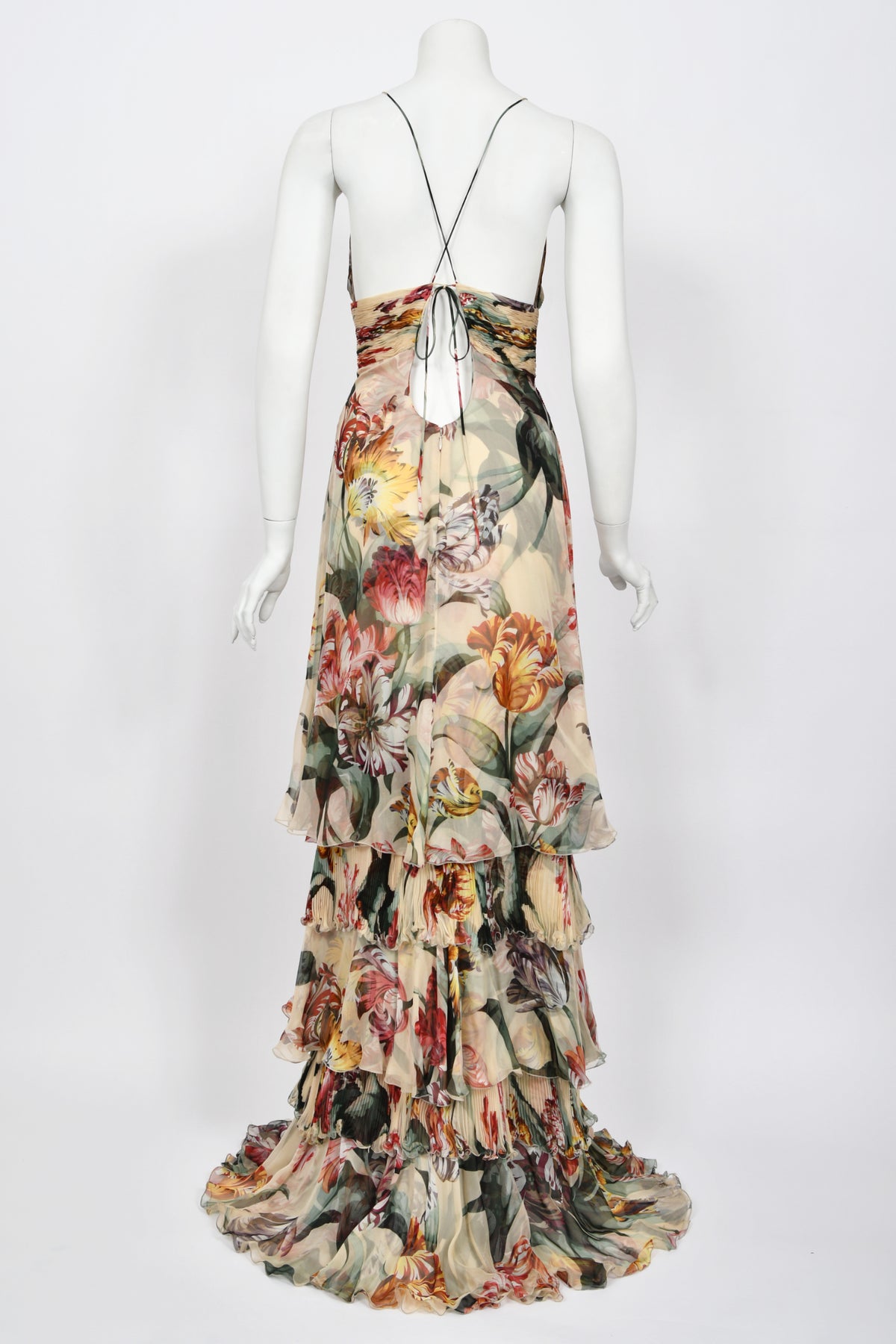 2005 Valentino Cruise Collection Colorful Floral Silk Low-Cut Halter Tiered Gown