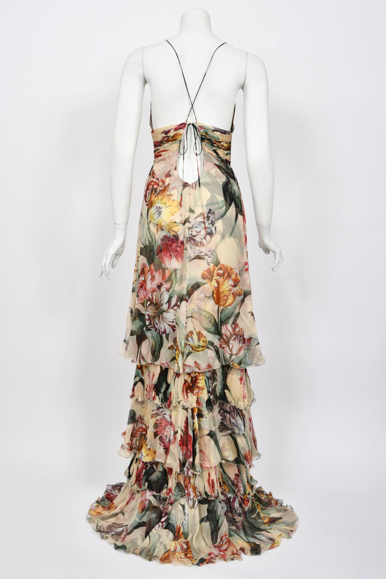 Vintage 2005 Valentino Cruise Collection Colorful Floral Silk Low-Cut Halter Tiered Gown - Timeless Vixen Vintage 2005 Valentino Cruise Collection Colorful Floral Silk Low-Cut Halter Tiered Gown - Timeless Vixen