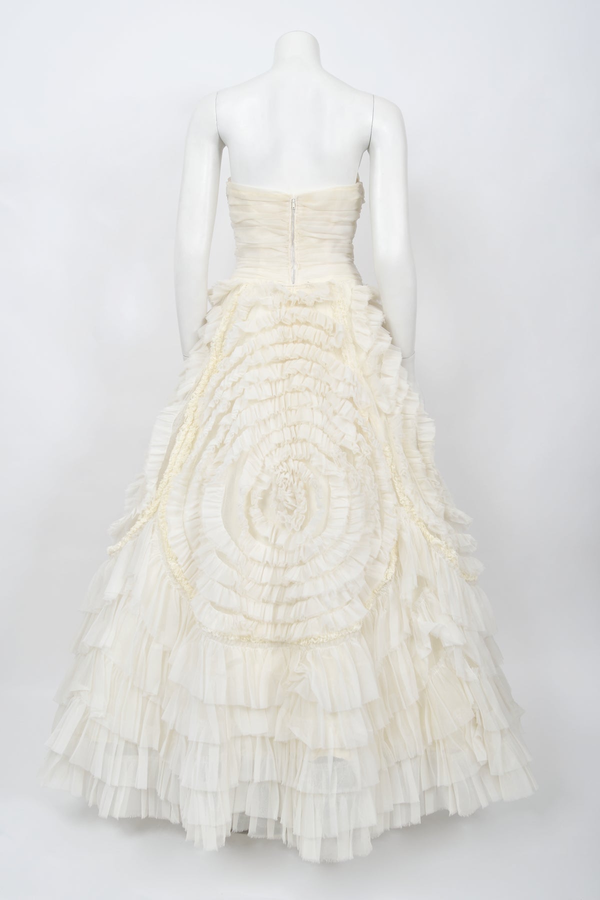1950's Ivory Chiffon Strapless Tiered Ruffle Full-Length 'New Look' Bridal Gown