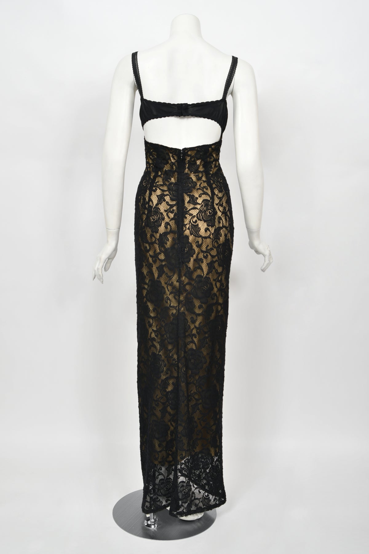 1997 Dolce &amp; Gabbana Sheer Black Stretch Lace Built-In Bra Slip Gown