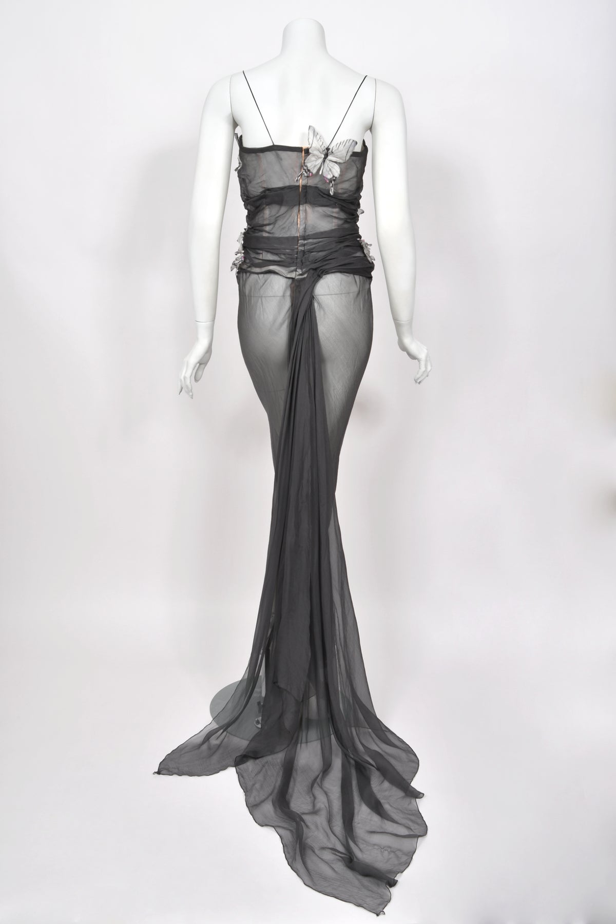 1998 Dolce &amp; Gabbana 'Stromboli Collection' Hand-Painted Butterflies Grey Sheer Silk Corset Gown
