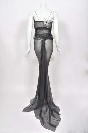 1998 Dolce & Gabbana 'Stromboli Collection' Hand-Painted Butterflies Grey Sheer Silk Corset Gown