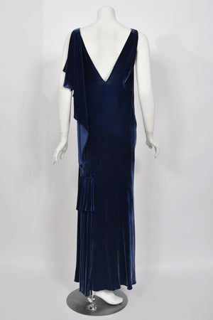 1930 Molyneux Haute Couture Documented Sapphire Blue Silk Velvet Bias-Cut Gown