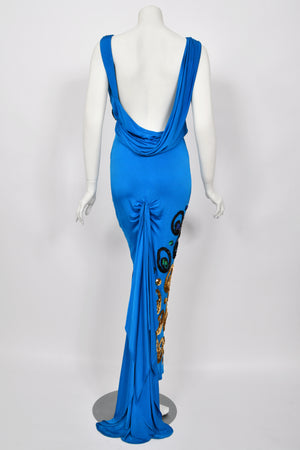 2007 John Galliano Ocean Blue Sequin Viscose Draped Backless Hourglass Gown