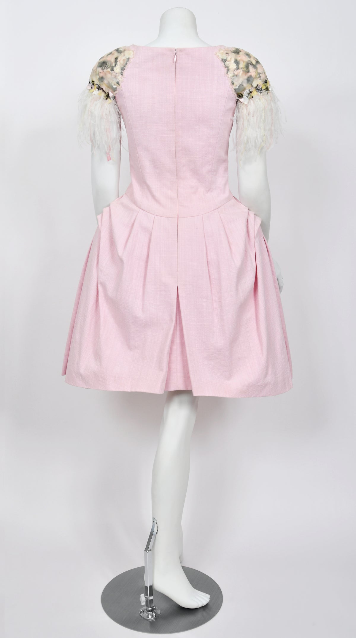 2013 Chanel by Karl Lagerfeld Runway Sample Pink Linen Floral Appliqué &amp; Feathers Dress