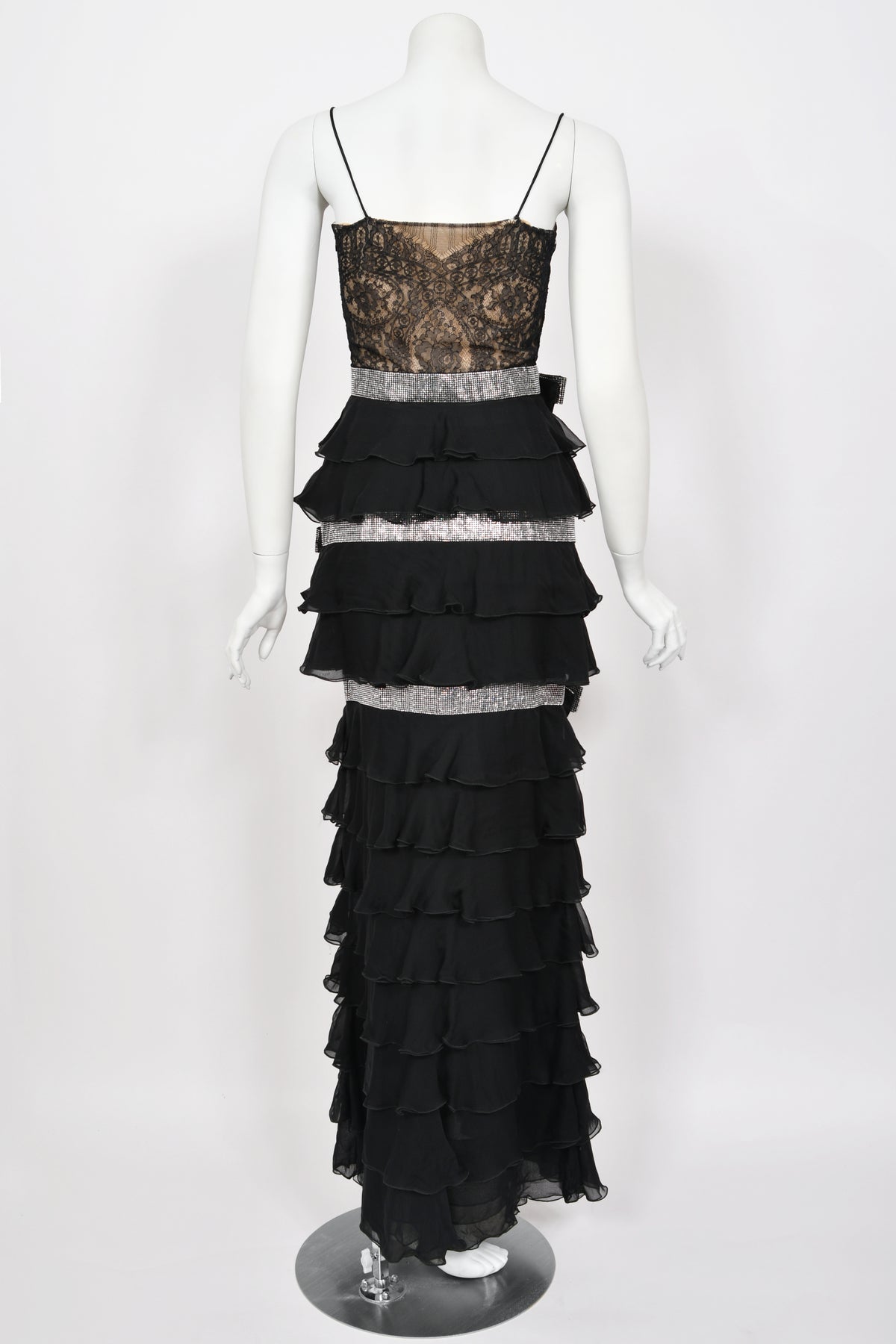2007 Valentino Runway Black Sheer Silk &amp; Lace Illusion Crystal-Bows Tiered Gown