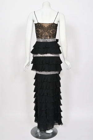 2007 Valentino Runway Black Sheer Silk & Lace Illusion Crystal-Bows Tiered Gown