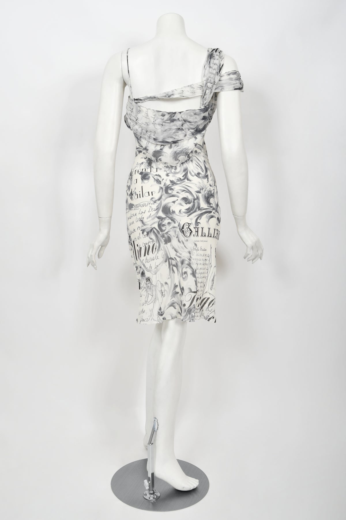 2006 John Galliano Documented Newspaper Print Silk Chiffon Bias-Cut Slip Dress