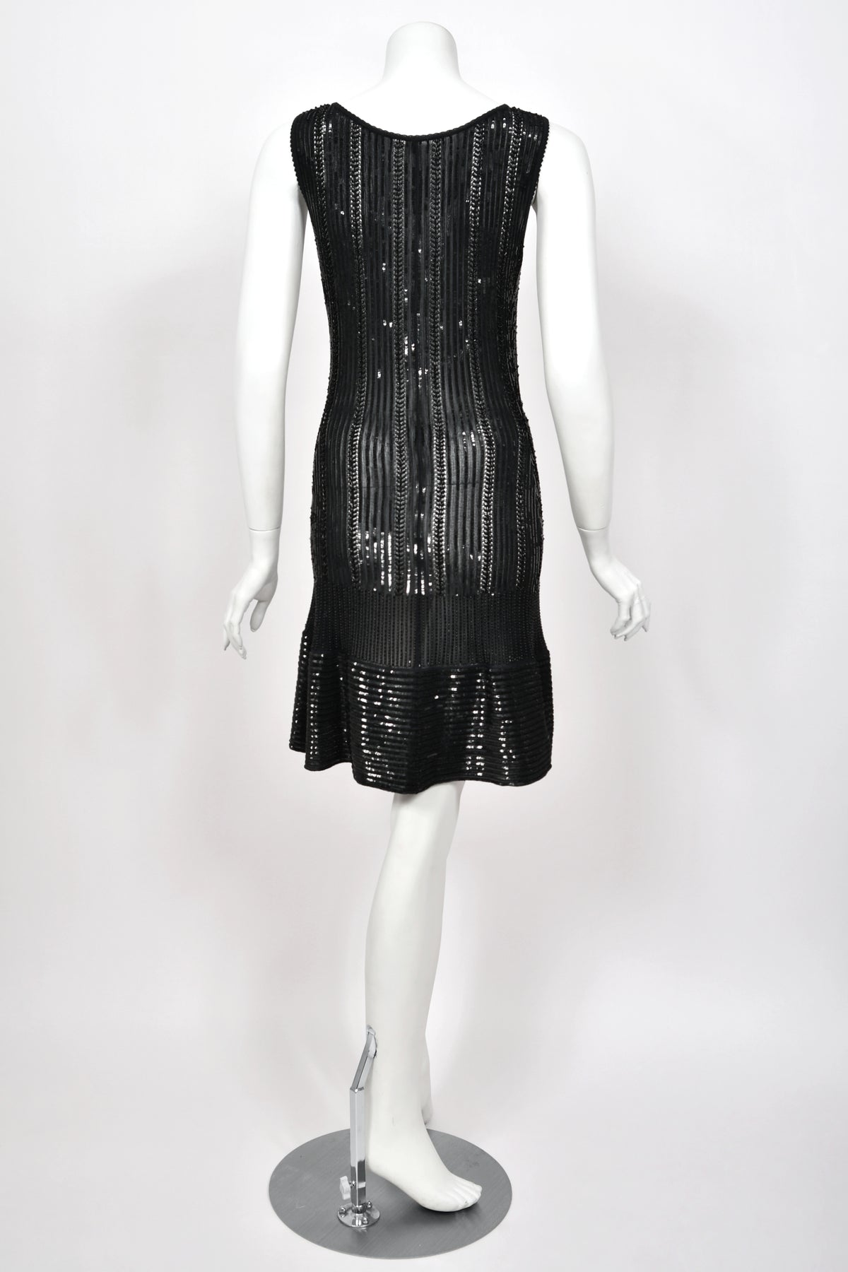 1996 Azzedine Alaia Beaded Sequin Black Semi-Sheer Stretch Knit Flounced Mini Dress
