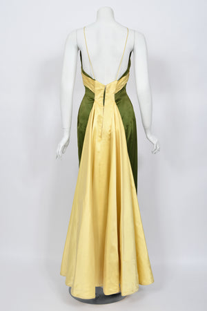 1950's Anne Verdi Green & Yellow Silk Winged-Bust Hourglass Trained Gown