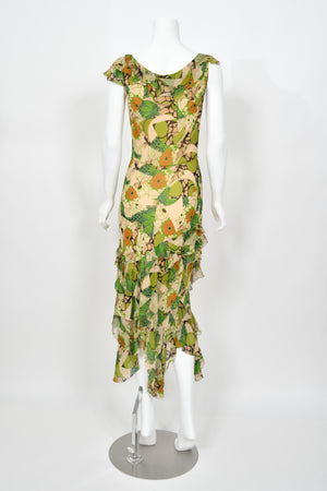 2005 John Galliano Green & Beige Floral Print Silk Tiered Ruffle Bias-Cut Dress