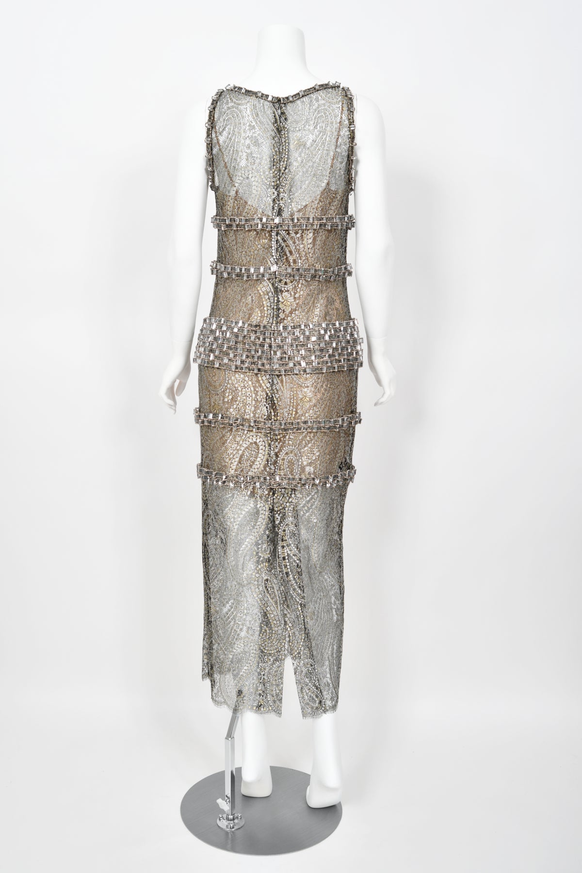 2012 Chanel by Karl Lagerfeld Runway Crystal Beaded Sheer Silver &amp; Gold Lace Dress