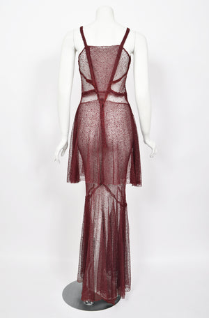 1930's French Sheer Burgundy Lace Tiered Bias-Cut Gown & Matching Capelet