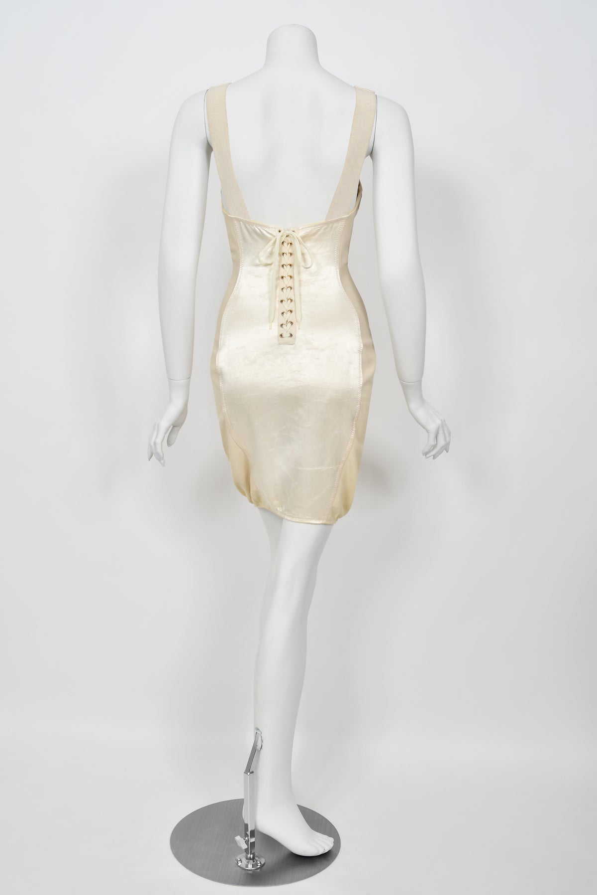 1988 Jean Paul Gaultier Cream Stretch Satin Cone Bra Bustier Corset Mini Dress