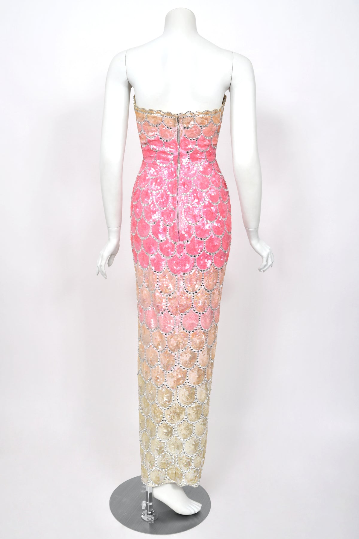 1950's Custom Couture Fully Sequin Pink Ombré Rhinestone Hourglass Gown w/ Gloves