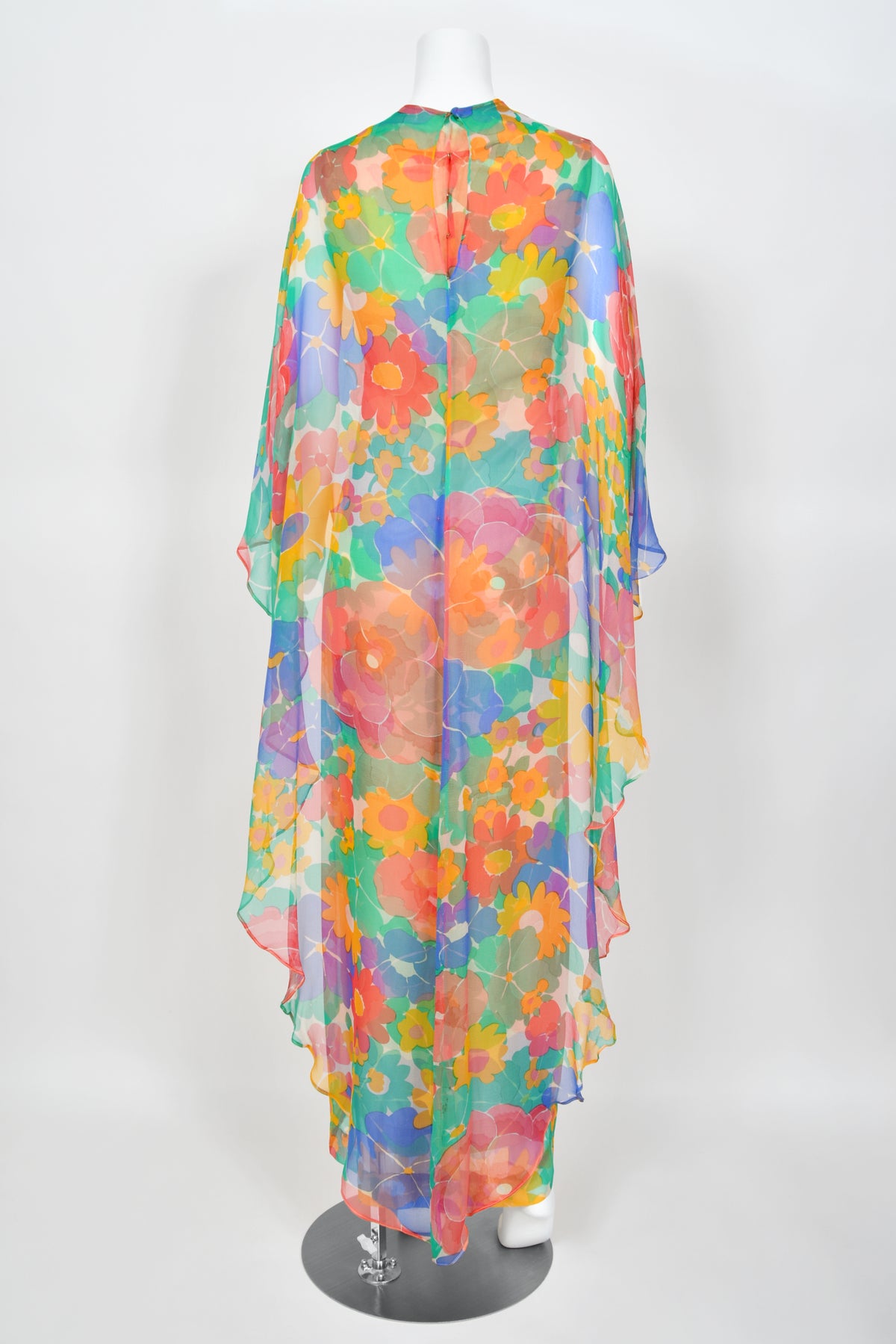 1967 Givenchy Haute Couture Colorful Floral Sheer Silk Draped Caftan Maxi Dress