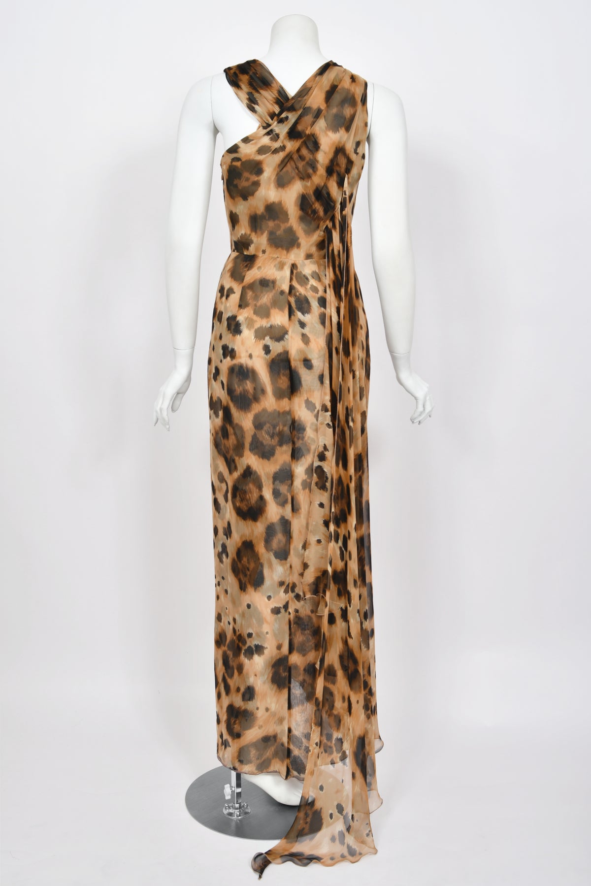 1996 Valentino Runway Editorial Leopard Print Sheer Silk Draped-Sash Gown