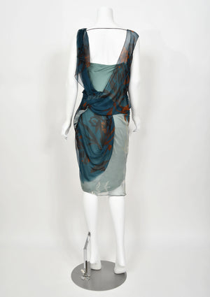 2006 Christian Dior by John Galliano Blue Watercolor Sheer Silk Draped Slip Dress