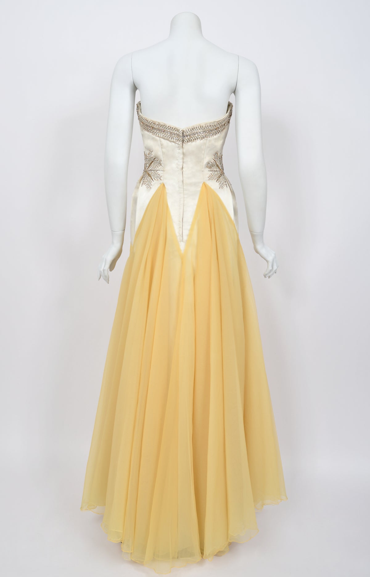 1950&#39;s French Couture Ivory Metallic Embroidered Beaded Silk Skirted Hourglass Gown