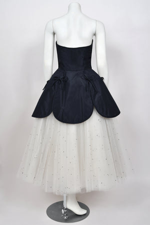 1950’s Edith Small Navy Silk & Rhinestone White Tulle Strapless 'Petal' Dress w/ Shawl