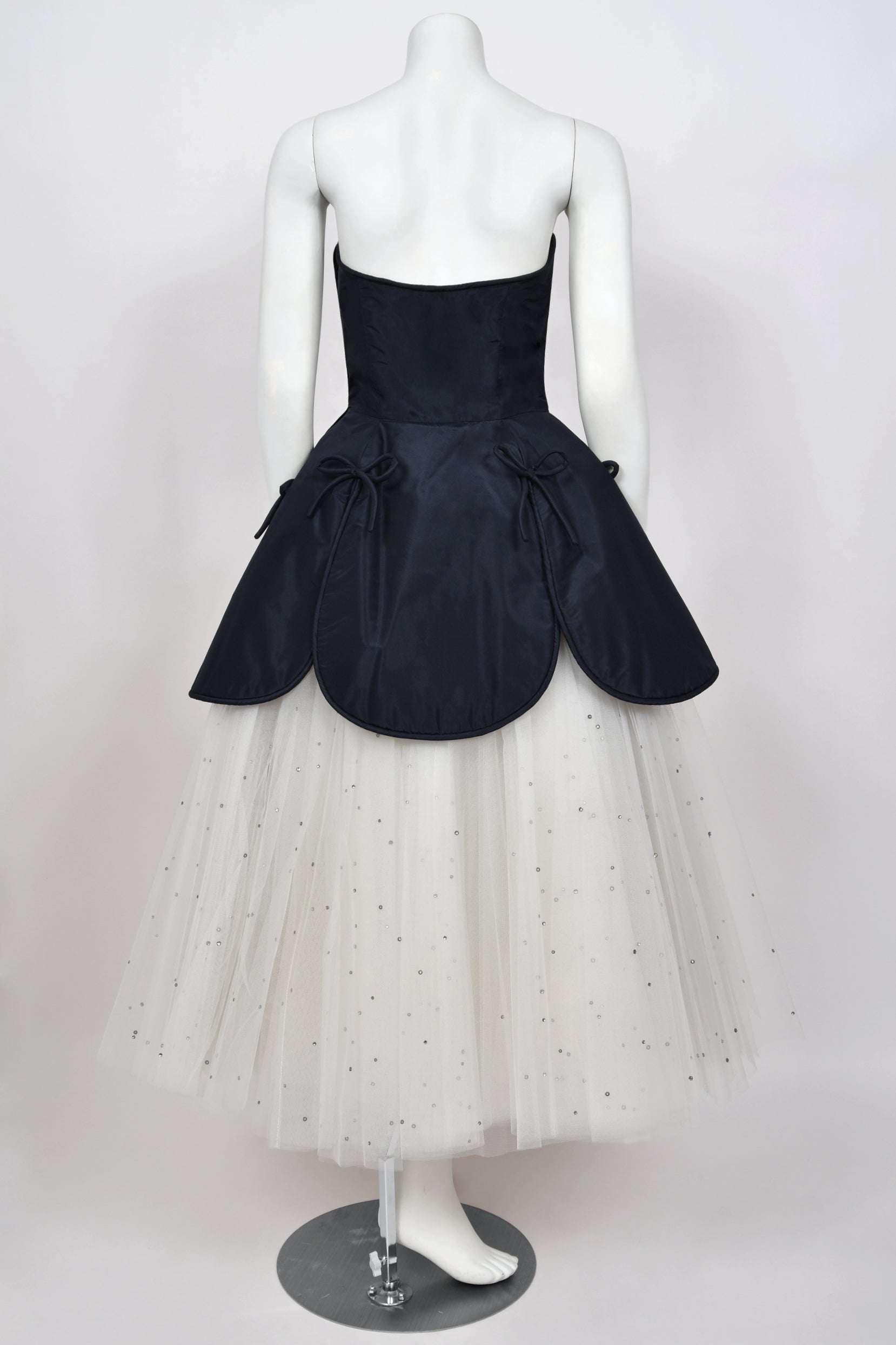 1950’s Edith Small Navy Silk & Rhinestone Tulle 'Petal' Dress w/ Shawl