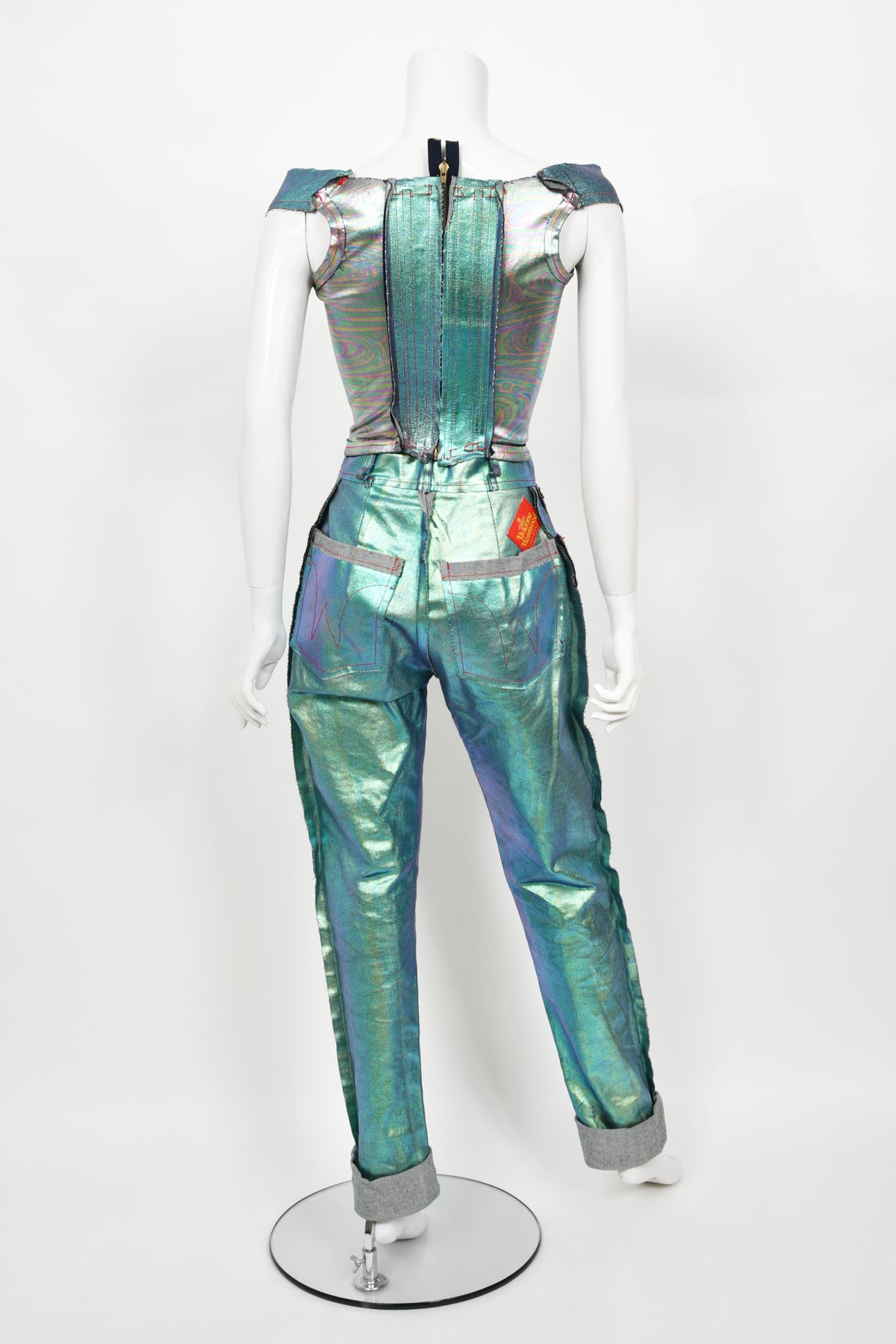 1993 Vivienne Westwood Runway Metallic Denim Corset Bustier Top &amp; Pants