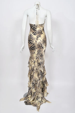 2004 Roberto Cavalli Feather Print Silk Halter Cut-Out Tiered Ruffle Bias-Cut Gown