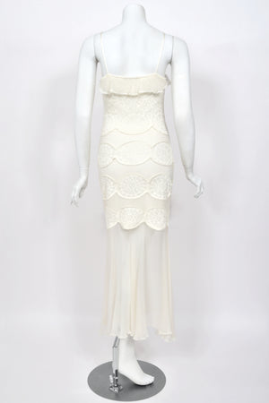 2005 Christian Dior by John Galliano Ivory Knit Appliqué Sheer Silk Fitted Slip Dress