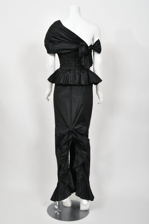 1986 Chanel Documented Runway Black Pleated Silk One-Shoulder Hourglass Gown