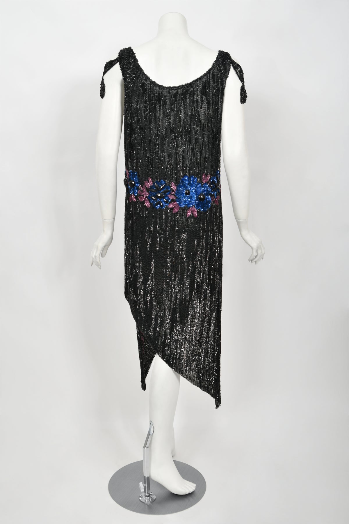 1920&#39;s Beaded Sequin Sheer-Net Butterfly Motif Asymmetric Flapper Dress
