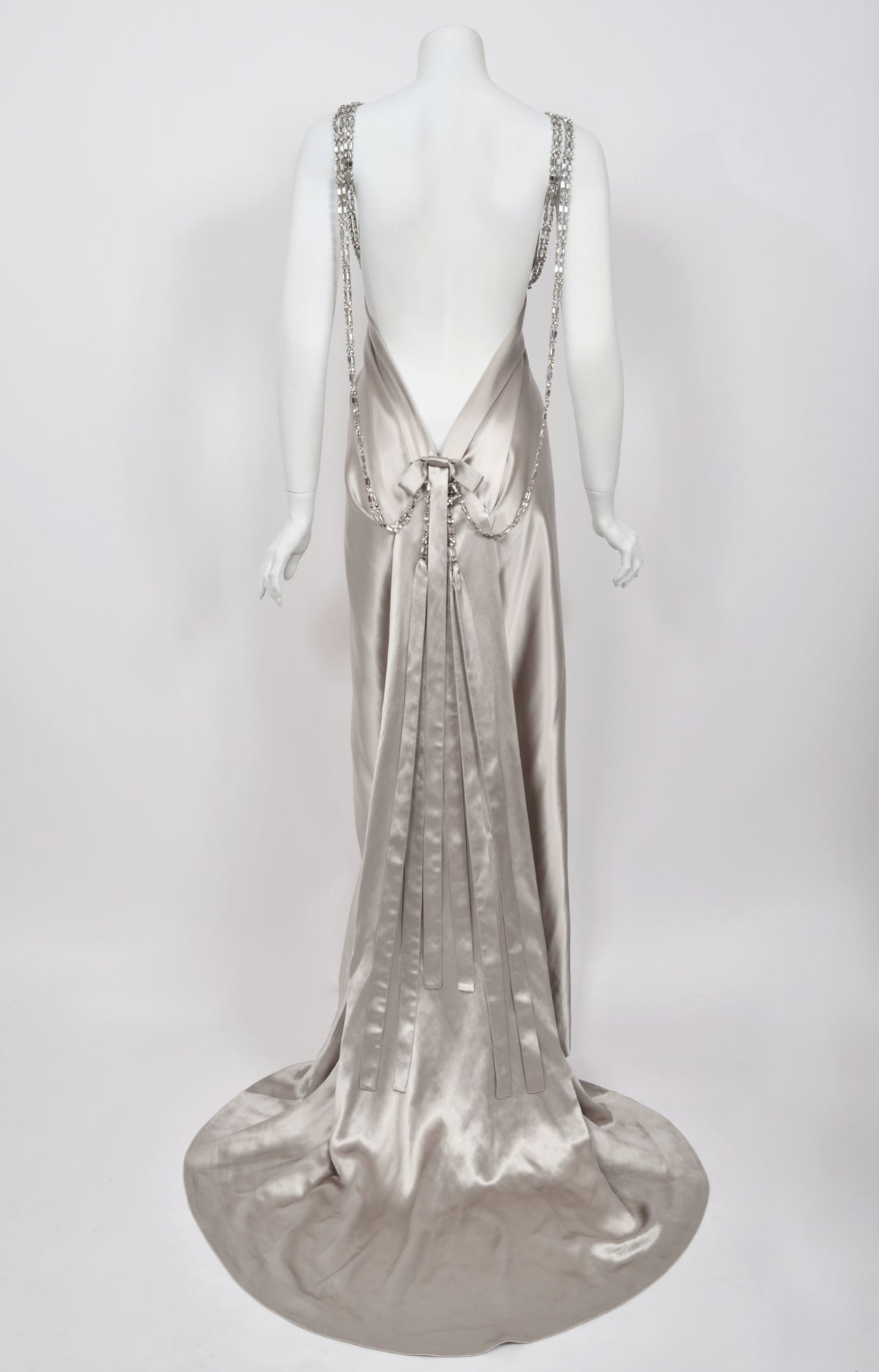 2006 Dsquared2 Platinum Silk Jeweled Backless Trained Glamour Gown