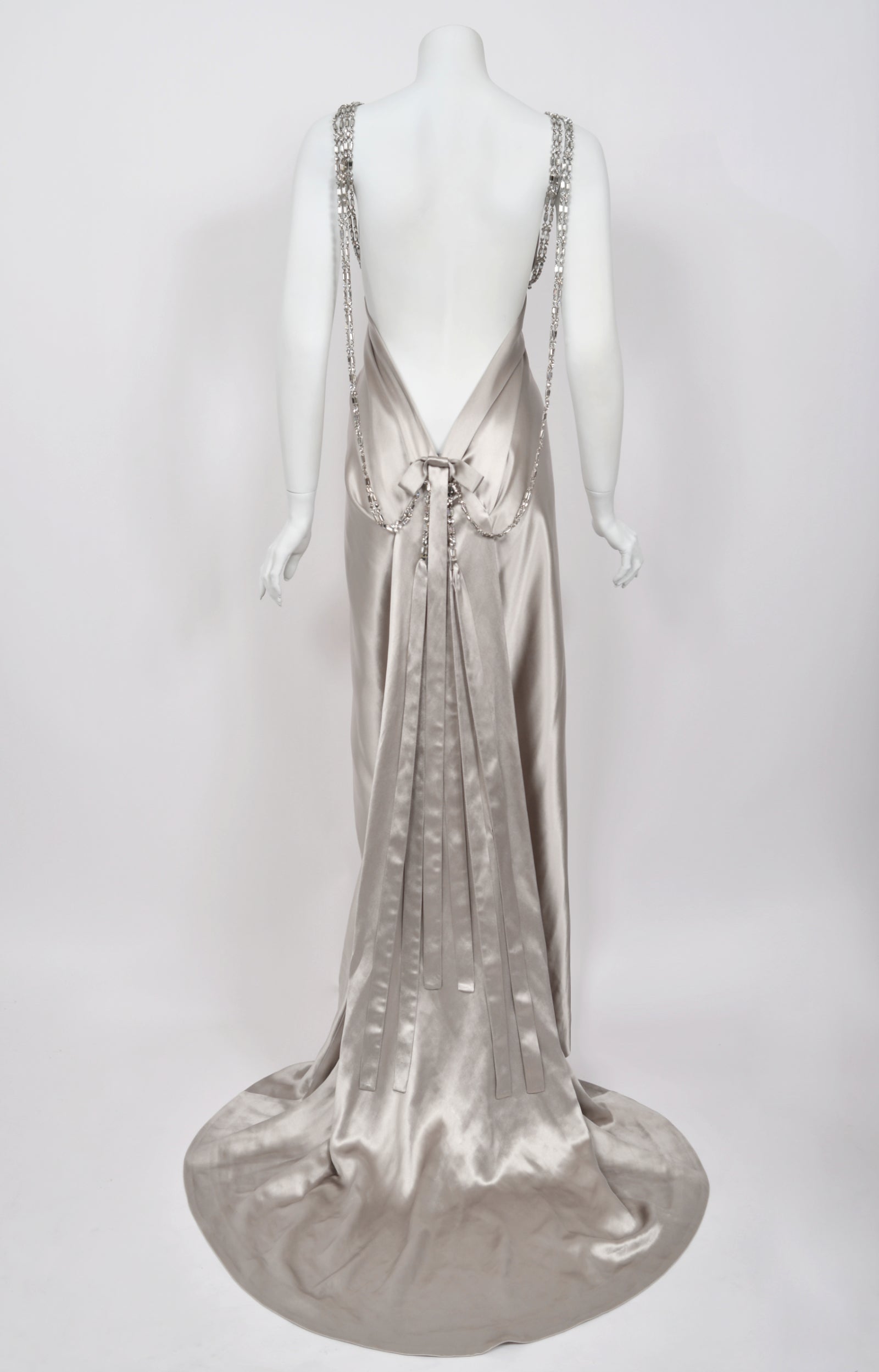 2006 Dsquared2 Platinum Silk Jeweled Backless Trained Glamour Gown - Timeless Vixen 2006 Dsquared2 Platinum Silk Jeweled Backless Trained Glamour Gown - Timeless Vixen