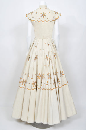 1949 Jacques Fath Attributed Haute Couture Embroidered Beaded Eyelet Cream Linen Gown