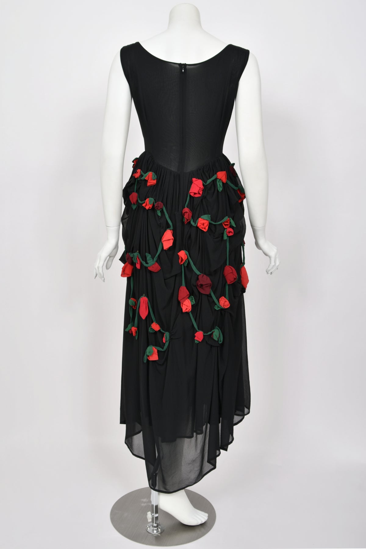 1990 Dolce &amp; Gabbana Black Silk Chiffon Red-Roses Floral Appliqué Dress